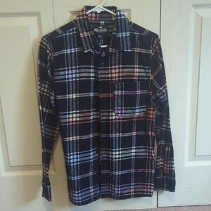 Hollister Black Plaid Button-Down Shirt Flannel with Pink, Blue, Yellow Accents